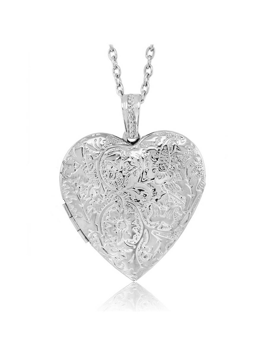 Locket Pendant Necklace Charm 1.5&Prime; Engraved Flowers Heart Shape